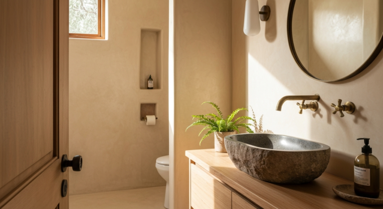 Salle de Bain Wabi-Sabi : Béton Ciré, Grès et Imperfection Assumée