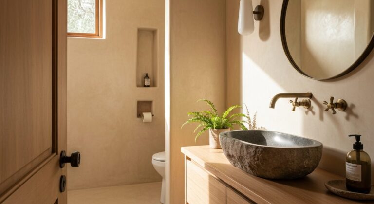 Salle de Bain Wabi-Sabi : Béton Ciré, Grès et Imperfection Assumée