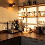 Coin café dans une cuisine : machine expresso, étagère à tasses suspendues et bocaux de café en grains