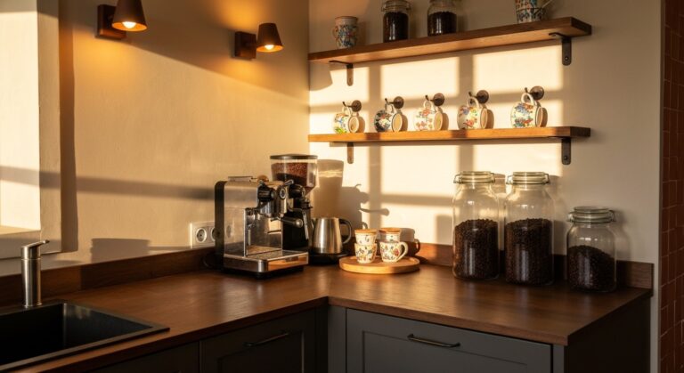 Coin café dans une cuisine : machine expresso, étagère à tasses suspendues et bocaux de café en grains