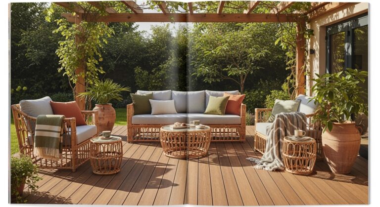 Terrasse extérieure aménagée avec mobilier bois et pergola ombragée