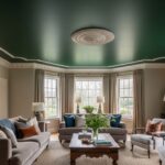 Idée de plafond créatif : couleur foncée et moulures décoratives dans un salon