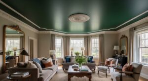 Idée de plafond créatif : couleur foncée et moulures décoratives dans un salon
