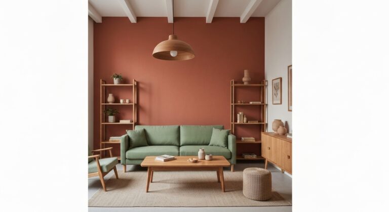 Palette de couleurs intérieur : salon avec mur terracotta et canapé vert sauge