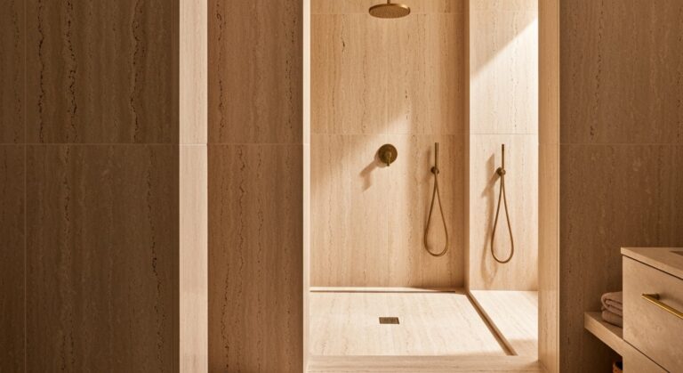 Salle de bain avec douche italienne en travertin, ambiance spa minérale