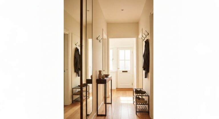 Entrée étroite avec console peu profonde, miroir vertical et rangement mural