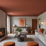 Salon avec plafond peint en terracotta contrastant avec des murs clairs