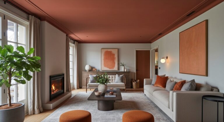 Salon avec plafond peint en terracotta contrastant avec des murs clairs