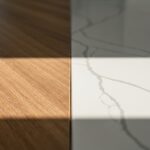 Comparaison de textures de plan de travail cuisine en bois et en quartz