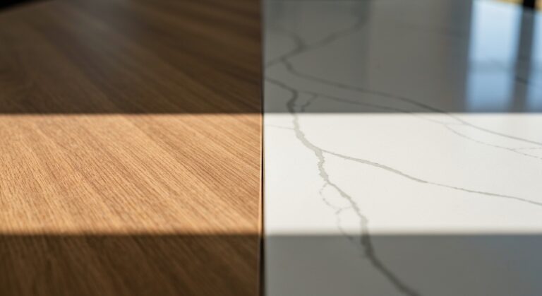 Comparaison de textures de plan de travail cuisine en bois et en quartz