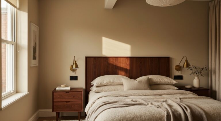 Chambre avec tête de lit et mobilier en bois foncé noyer, ambiance chaleureuse