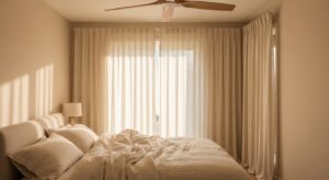 Chambre lumineuse et fraîche en été avec linge de lit en lin et rideaux légers