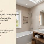 Salle de bain sans fenêtre éclairée par LED chaleureuses et puits de lumière, ambiance spa