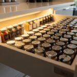 Tiroir de cuisine avec épices rangées dans des pots en verre uniformes et étiquetés