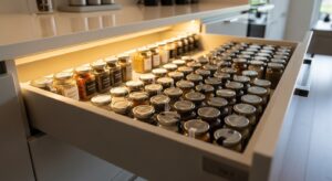 Tiroir de cuisine avec épices rangées dans des pots en verre uniformes et étiquetés