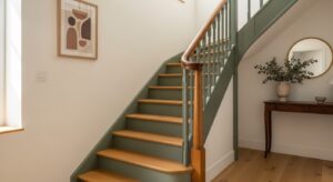 Escalier en bois repeint sans ponçage intégral, finition mate vert sauge