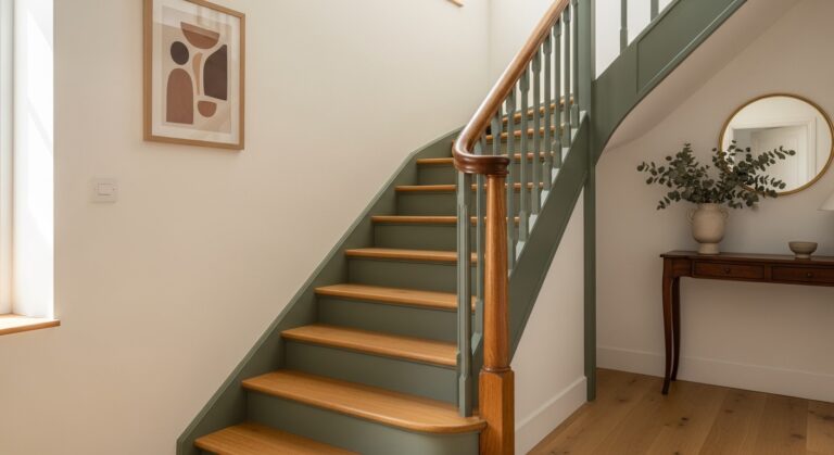 Escalier en bois repeint sans ponçage intégral, finition mate vert sauge