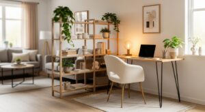 Coin bureau home office intégré discrètement dans un salon avec tapis et étagère séparatrice