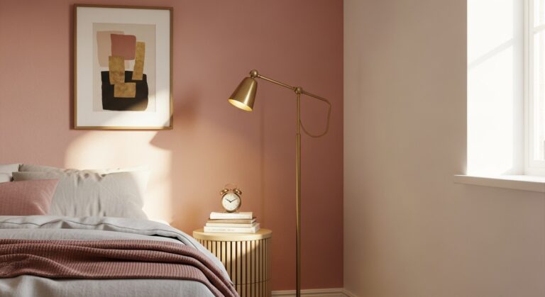 Chambre adulte avec mur accent rose poudré, accents laiton et bois, ambiance chaleureuse