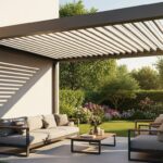 Pergola bioclimatique aux lames orientables sur une terrasse extérieure
