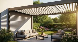 Pergola bioclimatique aux lames orientables sur une terrasse extérieure