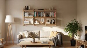 Bibliothèque murale en bois fabriquée soi-même, style scandinave chaleureux