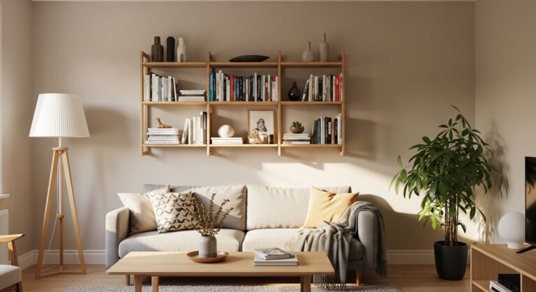 Bibliothèque murale en bois fabriquée soi-même, style scandinave chaleureux