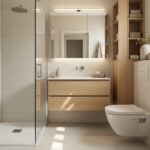 Petite salle de bain moderne de 4 m² avec douche vitrée, vasque suspendue et rangement vertical