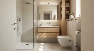 Petite salle de bain moderne de 4 m² avec douche vitrée, vasque suspendue et rangement vertical