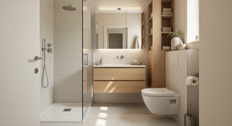 Petite salle de bain moderne de 4 m² avec douche vitrée, vasque suspendue et rangement vertical