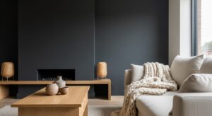 Mur en gris anthracite dans un salon chaleureux avec meubles en bois clair et textiles doux