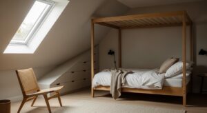 Chambre mansardée aménagée avec lit sous la pente et rangements sur mesure sous le toit