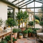 Jardin d'hiver vitré avec citronniers et oliviers en pot, banc en bois et fauteuil en osier