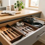 Tiroir de cuisine ouvert organisé par zone avec ustensiles et casseroles rangés séparément
