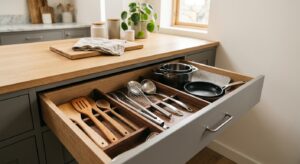 Tiroir de cuisine ouvert organisé par zone avec ustensiles et casseroles rangés séparément