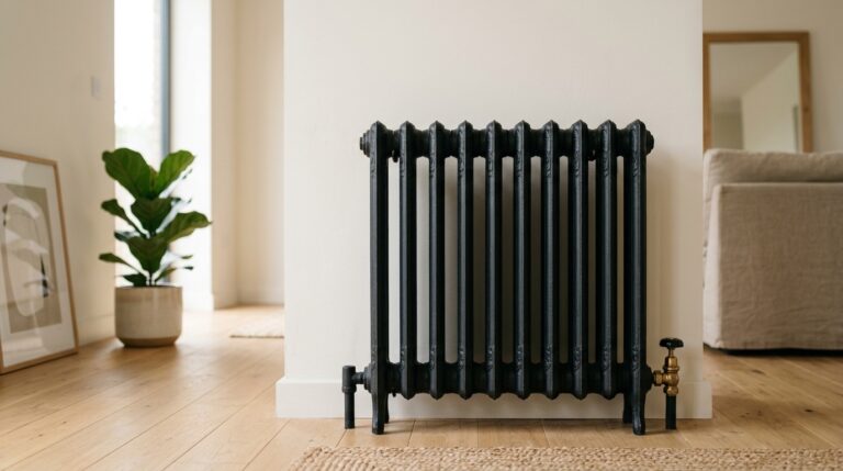 Radiateur en fonte repeint en noir mat dans un salon lumineux