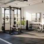 Garage transformé en salle de sport avec rack, sol en caoutchouc et rangement mural