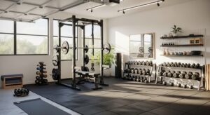 Garage transformé en salle de sport avec rack, sol en caoutchouc et rangement mural