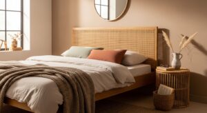 Tête de lit en cannage tressé fixée sur cadre en bois dans une chambre cosy