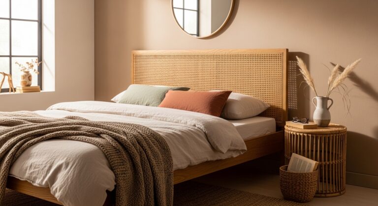 Tête de lit en cannage tressé fixée sur cadre en bois dans une chambre cosy