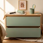 Commode mélaminée fraîchement repeinte en vert sauge avec rouleau de peinture