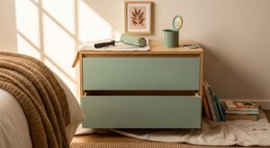 Commode mélaminée fraîchement repeinte en vert sauge avec rouleau de peinture