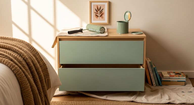 Commode mélaminée fraîchement repeinte en vert sauge avec rouleau de peinture