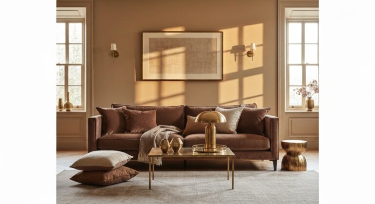 Salon chaleureux avec canapé en velours marron mocha mousse et accents laiton