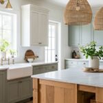 Cuisine campagne chic moderne avec façades cannelées en bois, îlot central et évier timbre d'office