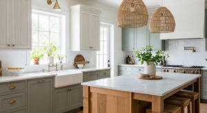 Cuisine campagne chic moderne avec façades cannelées en bois, îlot central et évier timbre d'office