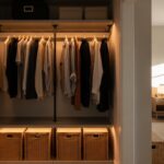 Dressing ouvert sans porte avec tringle noire, vêtements bien organisés et éclairage LED intégré
