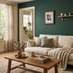 Salon décoré avec un mur vert bouteille, canapé en lin écru et accents en bois et laiton