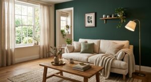 Salon décoré avec un mur vert bouteille, canapé en lin écru et accents en bois et laiton