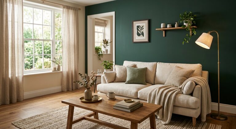 Salon décoré avec un mur vert bouteille, canapé en lin écru et accents en bois et laiton
